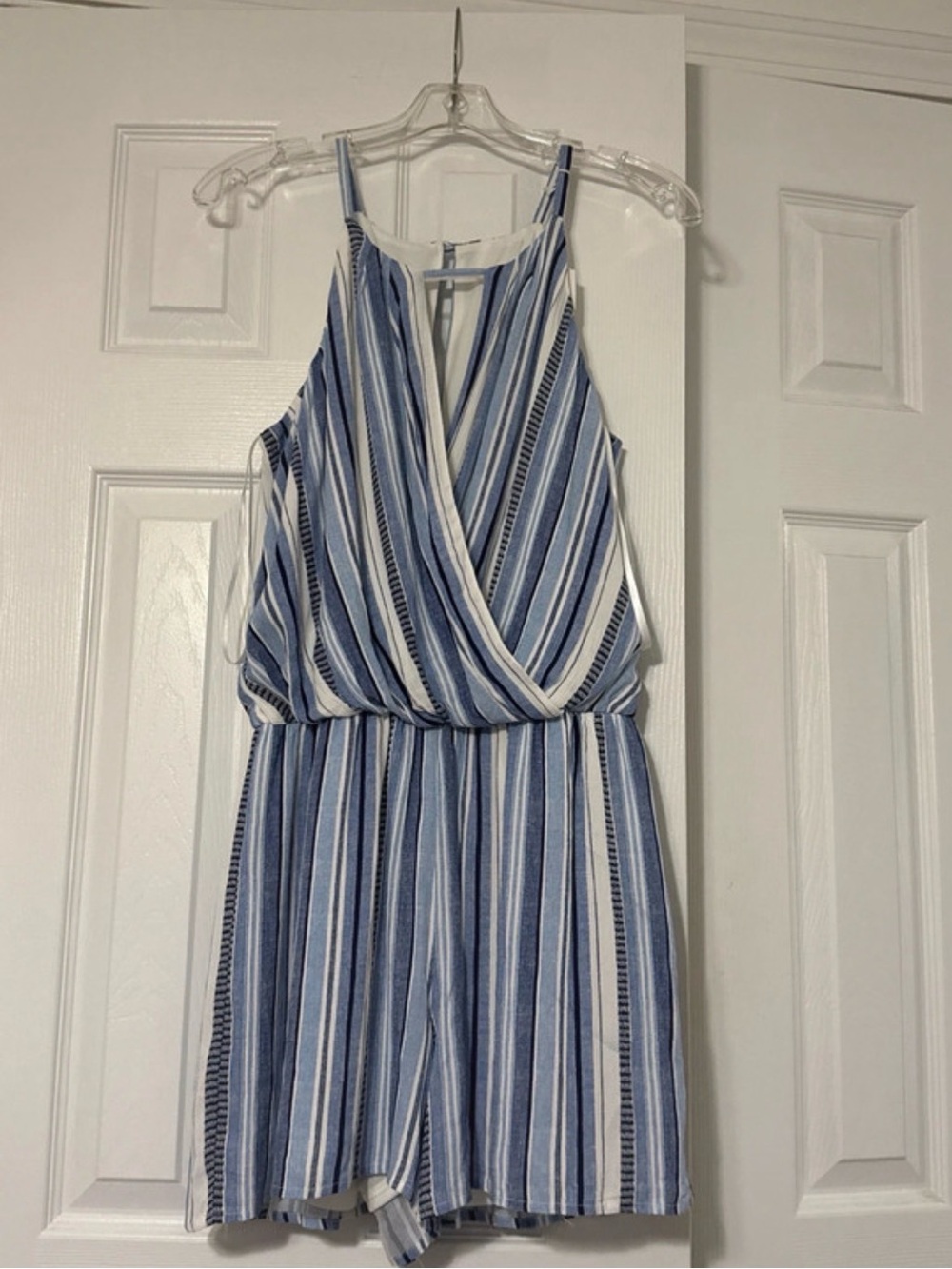 BCX blue & white striped wrap front romper. Size US M